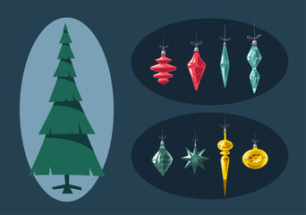 Fototapeta na wymiar Merry Christmas. Tree with decorations. Cartoon vector illustration
