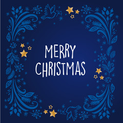Merry Christmas and happy new year frame decoration with bird, snowflakes, leaves and berries. Holiday ornaments.