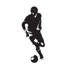 Soccer player running with ball, abstract vector isolated silhouette. European football, team sport