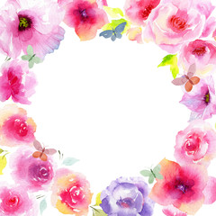 Wildflower eustoma flower frame in a watercolor style. Full name of the plant: eustoma, marigolds, tagetes. Aquarelle wild flower for background, texture, wrapper pattern, frame or border.