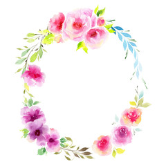 Wildflower eustoma flower wreath in a watercolor style. Full name of the plant: eustoma, marigolds, tagetes. Aquarelle wild flower for background, texture, wrapper pattern, frame or border.