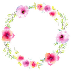 Wildflower eustoma flower wreath in a watercolor style. Full name of the plant: eustoma, marigolds, tagetes. Aquarelle wild flower for background, texture, wrapper pattern, frame or border.
