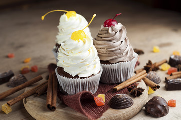 Chocolate Cupcakes with Cherry and Cream