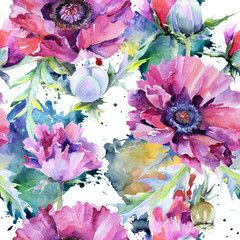 Wildflower poppy flower pattern in a watercolor style. Full name of the plant: poppy, papaver, opium. Aquarelle wild flower for background, texture, wrapper pattern, frame or border.