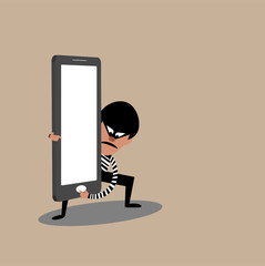 Vector of thief holding smart phone. Hacker stealing data concept.