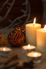 Decoration for Christmas and New Year. Xmas day. Candles and shining decorations. 