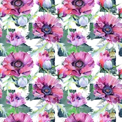 Gordijnen Wildflower poppy flower pattern in a watercolor style. Full name of the plant: poppy, papaver, opium. Aquarelle wild flower for background, texture, wrapper pattern, frame or border. © yanushkov