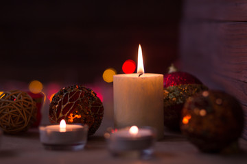 Decoration for Christmas and New Year. Xmas day. Candles and shining decorations. 