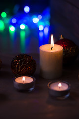 Decoration for Christmas and New Year. Xmas day. Candles and shining decorations. 