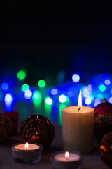 Decoration for Christmas and New Year. Xmas day. Candles and shining decorations. 