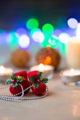 Decoration for Christmas and New Year. Xmas day. Candles and shining decorations. 