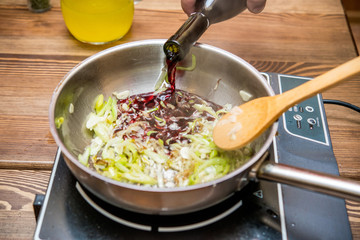 Leek and garlic on frying pan