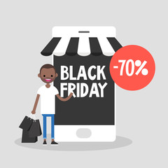 Black Friday sale. Young character holding a bunch of black shopping bags. Special offer. Online shopping. Mobile phone. Online store. Autumn sale event. Flat editable vector illustration, clip art