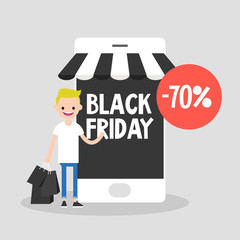 Black Friday sale. Young character holding a bunch of black shopping bags. Special offer. Online shopping. Mobile phone. Online store. Autumn sale event. Flat editable vector illustration, clip art