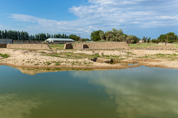 The bricks were made of clay and straw. ready bricks made of clay and straw dried on the street in the sun