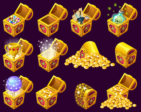 Golden trophies in glowing chests. Set for computer game on black background. Isolated vector illustration