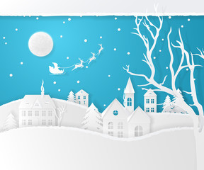 Vector Christmas scene with fir trees, houses, the moon, santa's sleigh, deers, snow and a snowfall. Holiday background with winter landscape. Paper style.