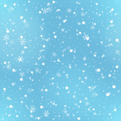 Vector seamless pattern with falling Christmas snow. Holiday blue background with snowfall and snowflakes for for printing on fabric, paper for scrapbooking, gift wrap and wallpapers.