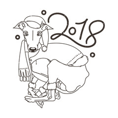Yellow dog for New Year 2018, cute symbol of horoscope. Cute and pretty italian greyhound for holidays. Cute puppy in cartoon doodle style.