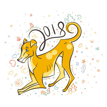 Yellow dog for New Year 2018, cute symbol of horoscope. Cute puppy in cartoon doodle style.