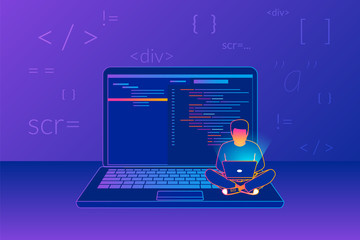 Man sitting on the big laptop and working. Gradient line vector illustration of young programmer coding a new project using computer on violet background with code symbols and signs - obrazy, fototapety, plakaty
