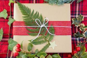 Naturally wrapped gift with seasonal surroundings