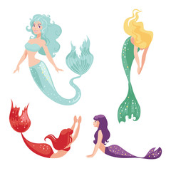 Set of mermaids isolated on white background.