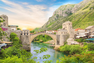 Fototapeta na wymiar Beautiful view of the medieval town of Mostar from the Old Bridge in Bosnia and Herzegovina