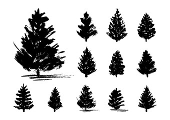 Obraz premium Set of 11 Christmas trees sketches isolated on white