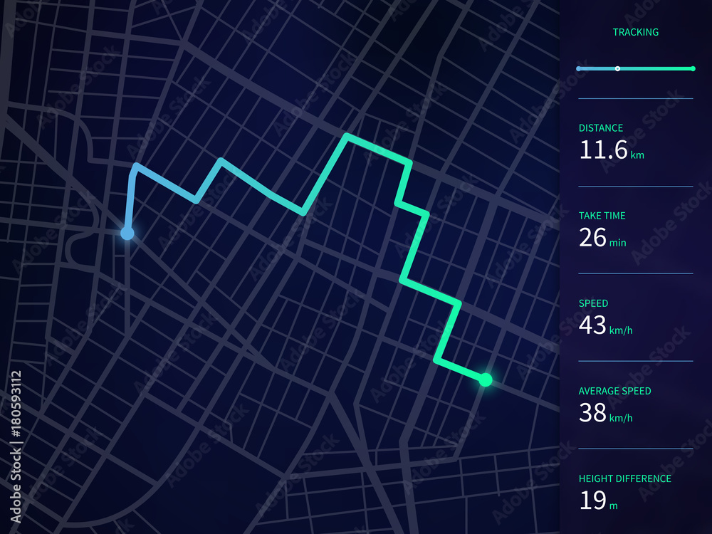 Poster vector city map with route and data interface for gps navigation and tracker app