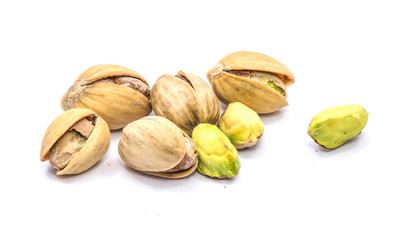 Pistachio nuts isolated on white background.