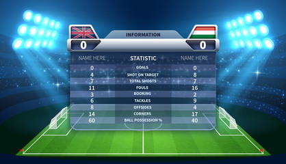 Soccer scoreboard and football stadium vector mockup