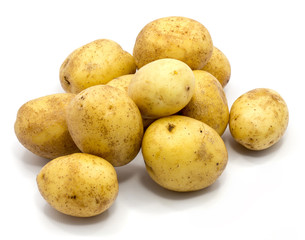 Group of several whole potatoes isolated on white background.