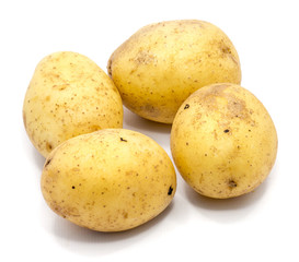 Four whole potatoes isolated on white background.