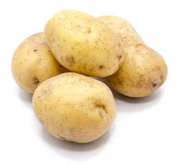 Four whole potatoes isolated on white background.