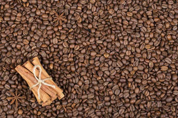 Bad and cinnamon on coffee beans with space for text