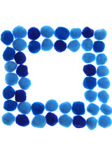 Pompon  Mockup. square frame of small round dark blue and blue pompon isolated on white background. Winter Mock up.  copy space