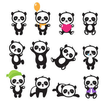 Cute cartoon chinese panda bear vector character set