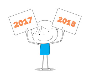 Boy holding two signs with 2017 and 2018