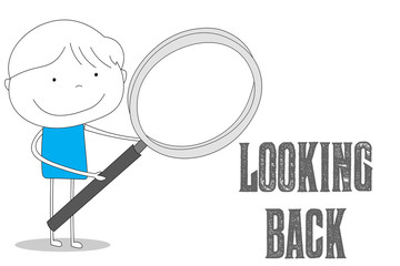 Loupe holding boy looking back, cartoon style illustration