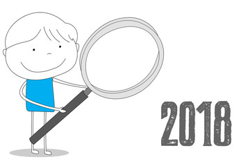 Loupe holding boy to 2018, cartoon style illustration