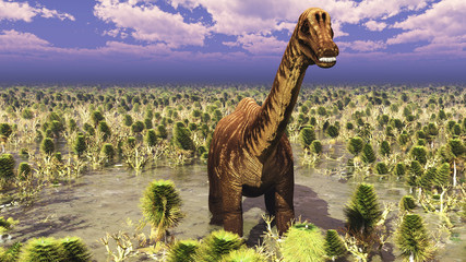 Prehistoric landscape with big diplodoc 3d rendering © satori