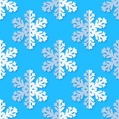 Seamless background with snowflakes. White paper snowflakes with shadow on blue background. Winter pattern. Textile rapport.