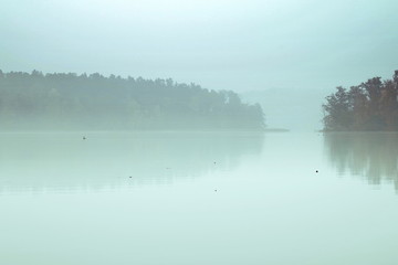 jesienne mgły nad jeziorem