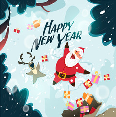 Happy Santa Claus and reindeer making a Snow Angel. Cute Christmas characters for Holiday design. Christmas Greeting Card for invitation, congratulation. Vector illustration