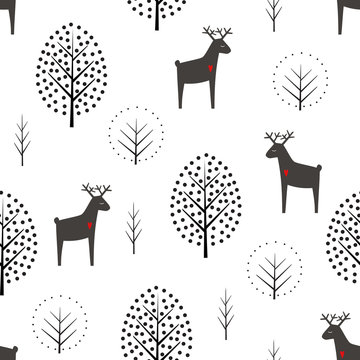 Deer and trees seamless pattern on white background. Decorative forest vector illustration. Cute wild animals nature background. Scandinavian style design for textile, wallpaper, fabric, decor.