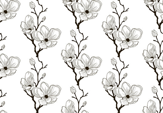 Vector Black Seamless Pattern with Drawn Cherry Flowers