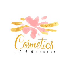 Delicate logo design for cosmetics shop or boutique. Hand drawn vector illustration for make up artist, natural products, spa, beauty center.