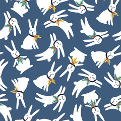 Vector Christmas and New Year background. Seamless pattern with winter rabbits. All elements are hidden under mask. Pattern are not cropped and can be edited.