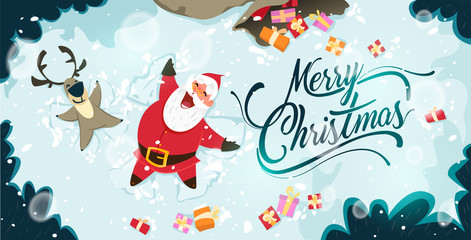 Happy Santa Claus and reindeer making a Snow Angel. Cute Christmas characters for Holiday design. Christmas Greeting Card for invitation, congratulation. Vector illustration © alexsukhoterin